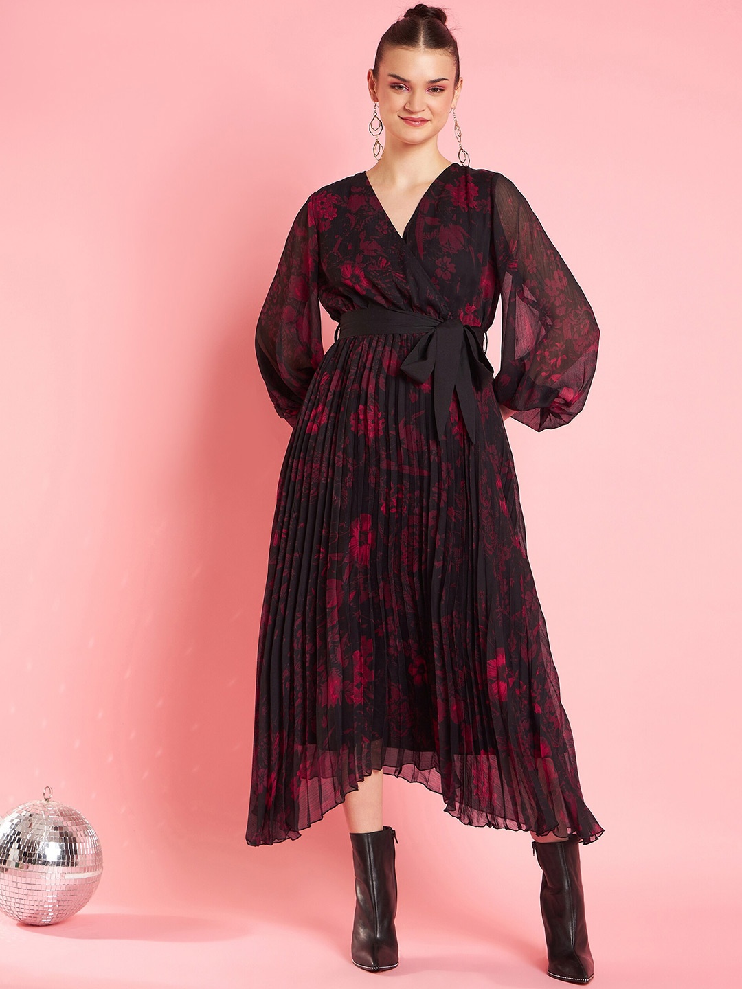 

Antheaa Black V-Neck Bishop Sleeves Floral Printed Midi Opaque Party Dress