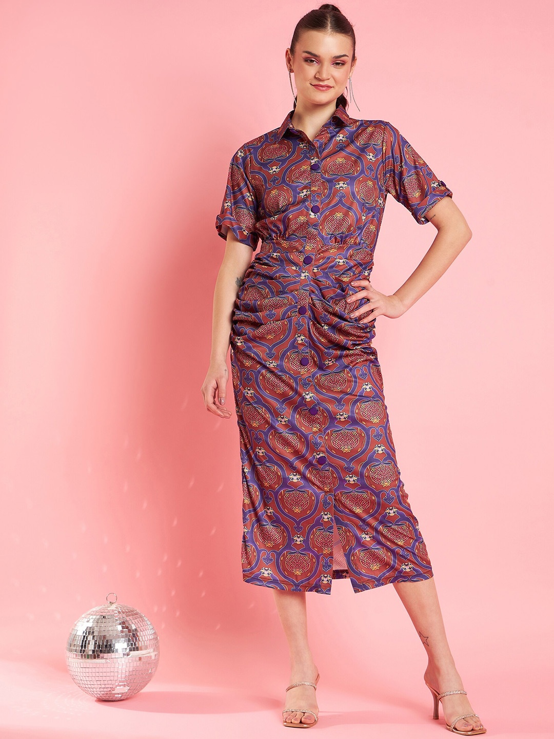 

Antheaa Rust Printed Shirt Midi Dress