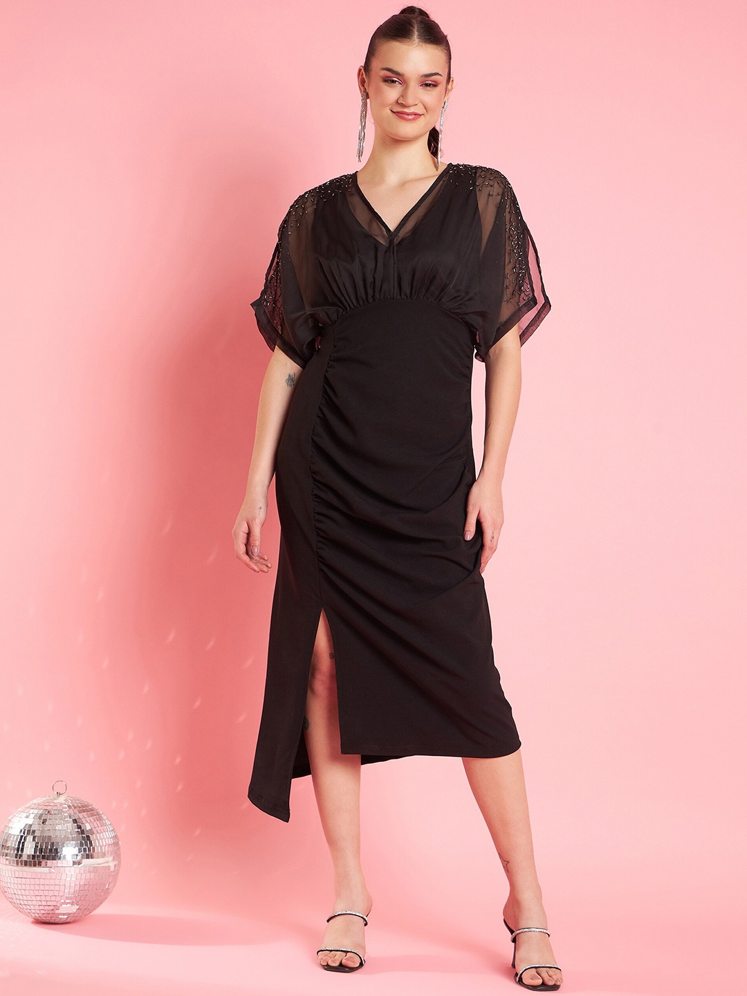 

Antheaa Black Chiffon Sheath Midi Dress