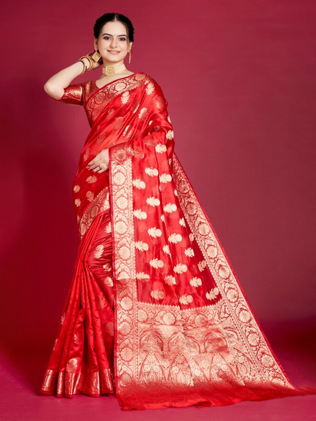 

HOMIGOZ Ethnic Motifs Woven Design Zari Banarasi Saree, Red