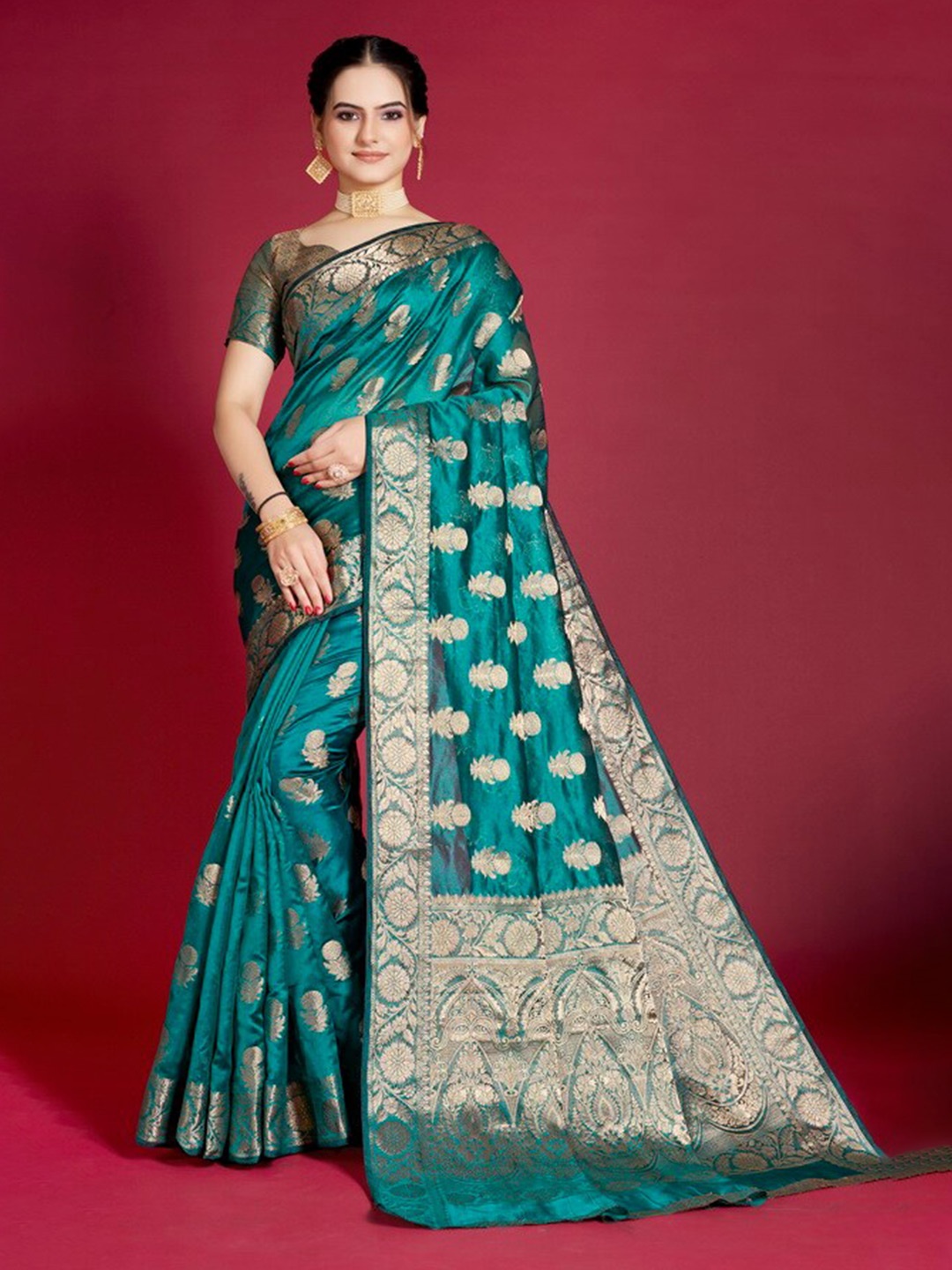 

HOMIGOZ Ethnic Motifs Woven Design Zari Banarasi Saree, Teal