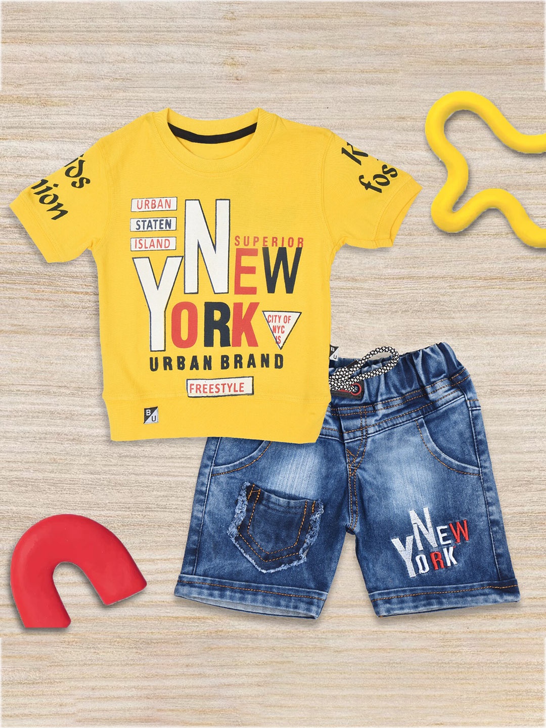 

BAESD Boys Typography Printed T-shirt With Denim Shorts, Yellow