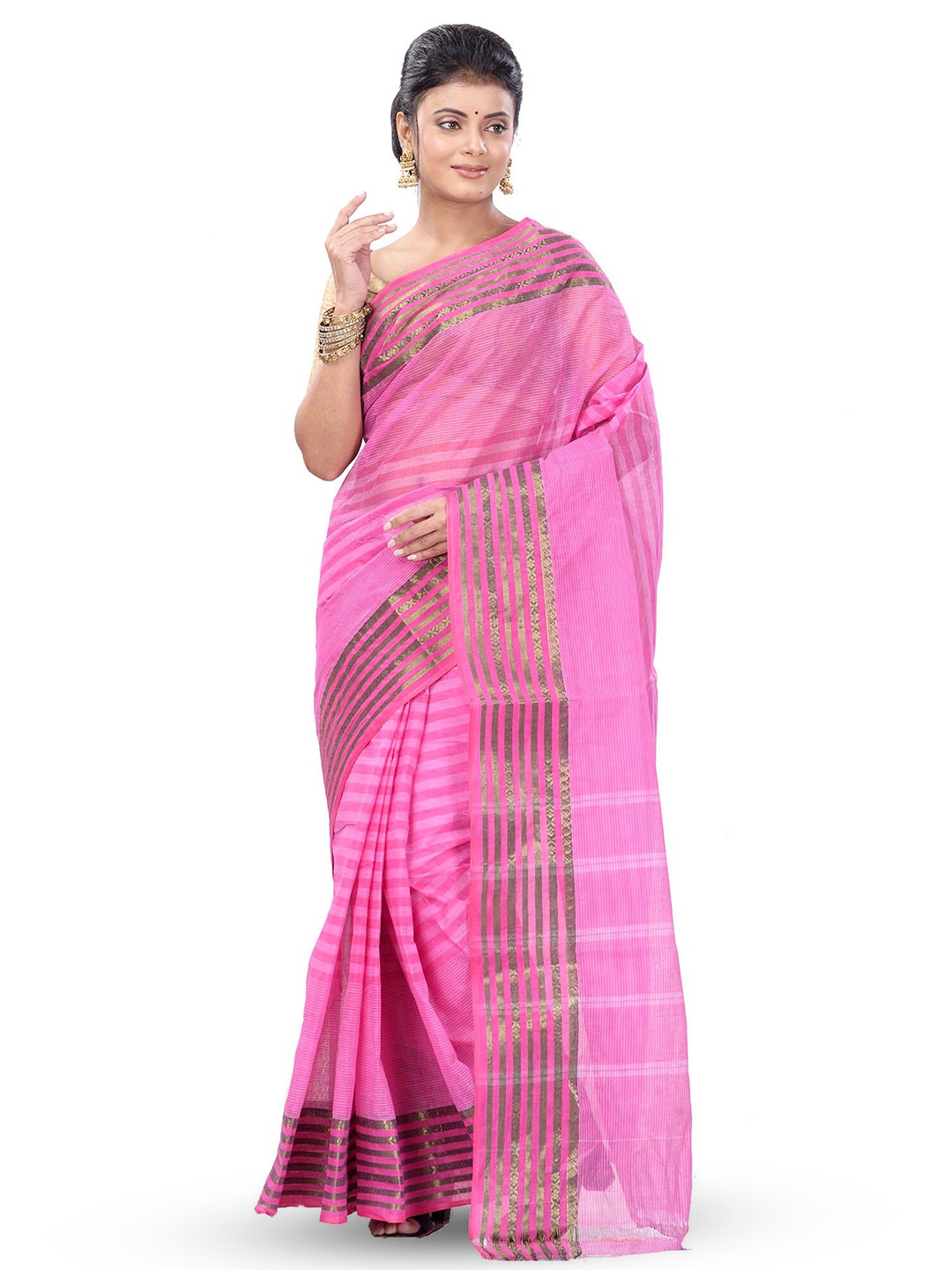 

Ruuprekha Striped Zari Pure Cotton Taant Saree, Pink