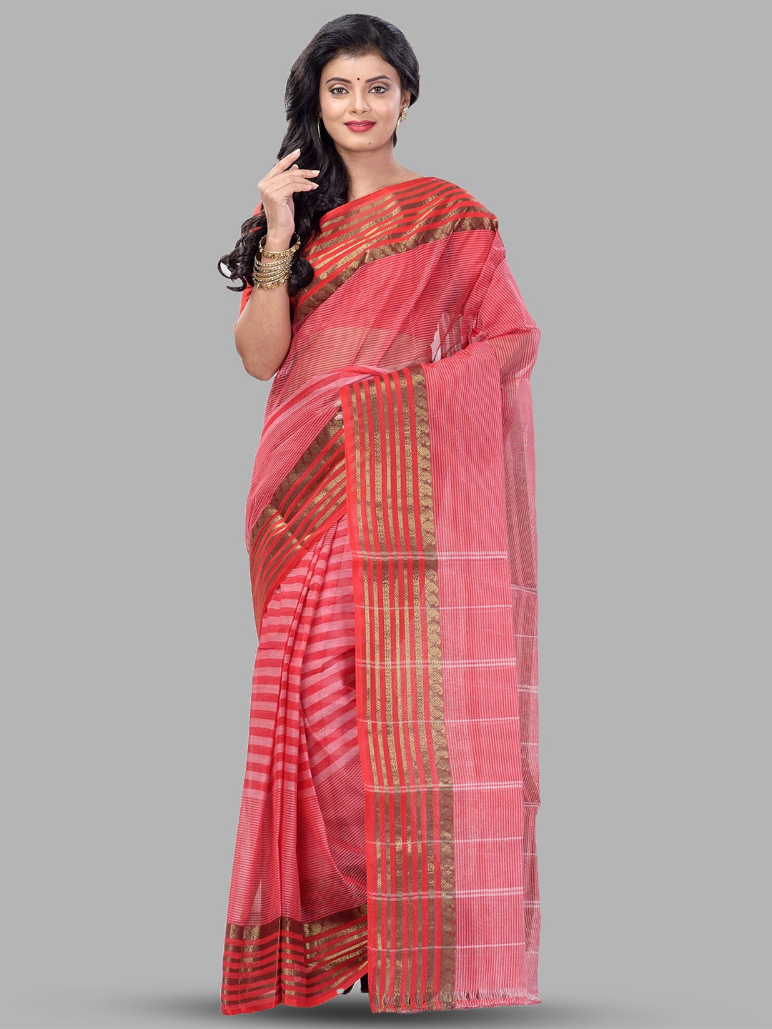

Ruuprekha Striped Pure Cotton Taant Saree, Red