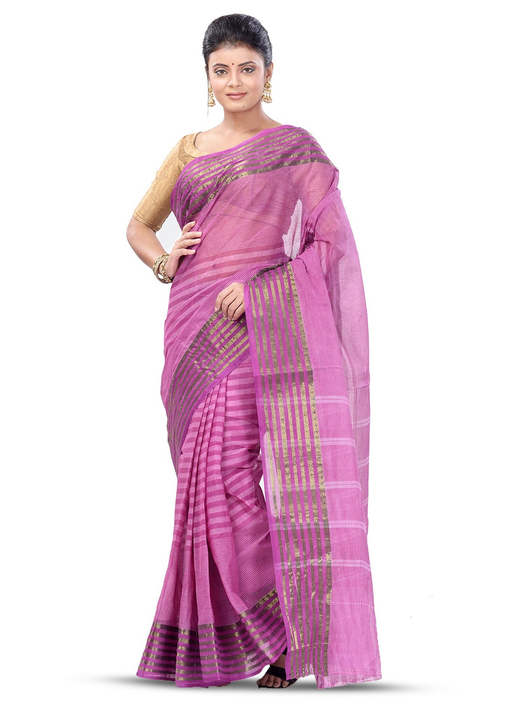 

Ruuprekha Striped Pure Cotton Taant Saree, Purple