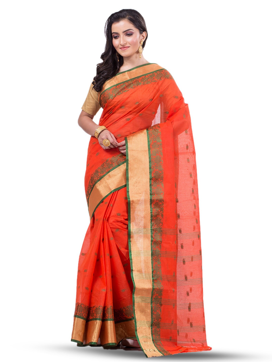 

Ruuprekha Ethnic Zari Pure Cotton Taant Saree, Orange