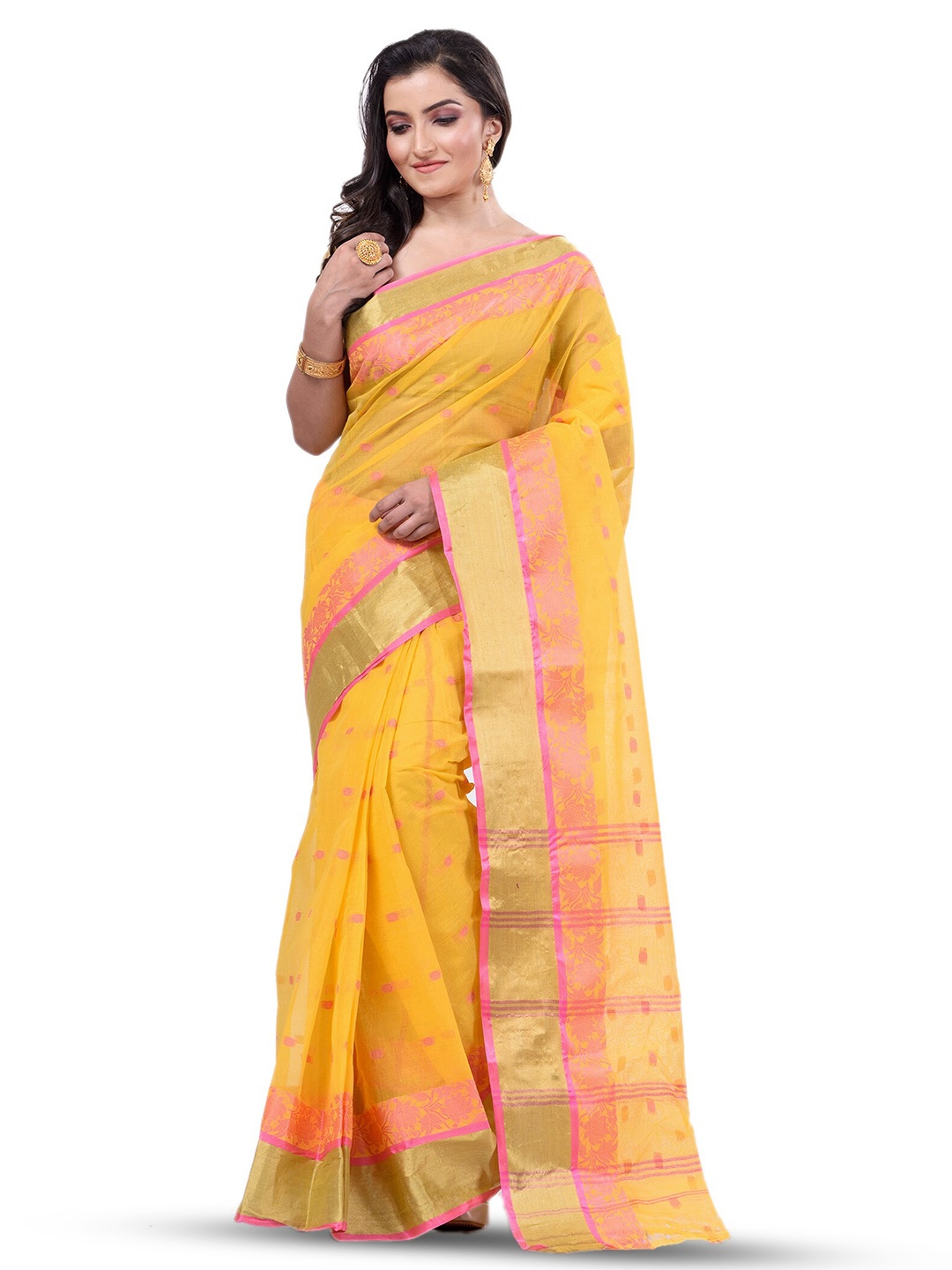 

Ruuprekha Woven Design Zari Pure Cotton Taant Saree, Yellow