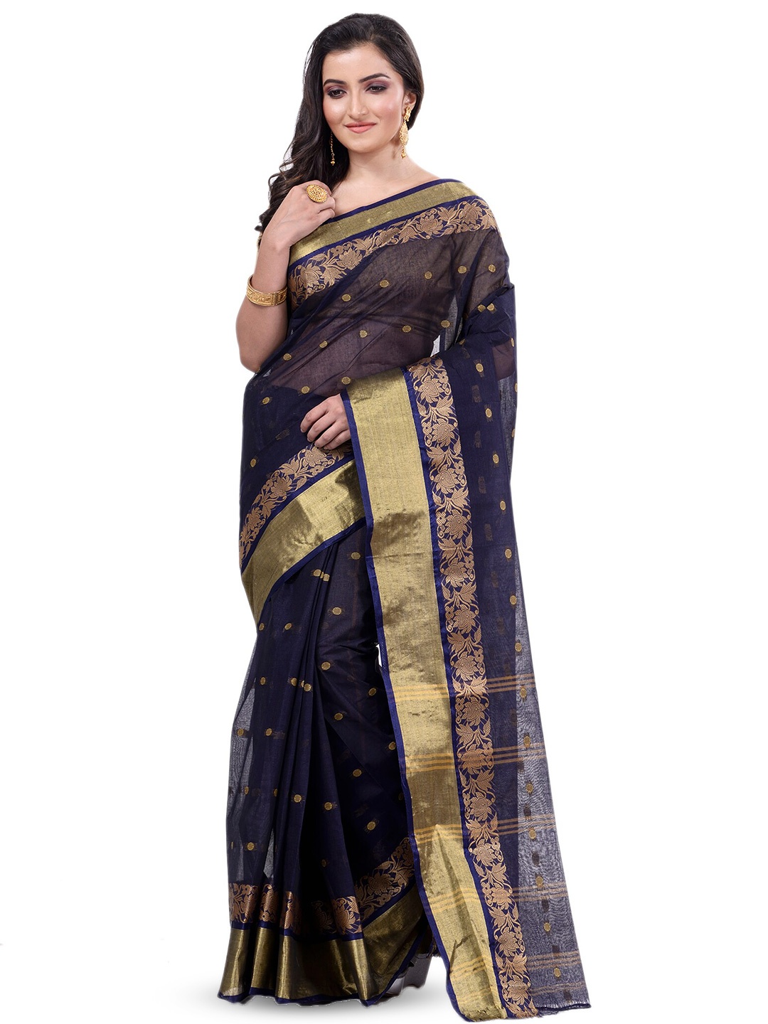 

Ruuprekha Woven Design Zari Pure Cotton Taant Saree, Navy blue