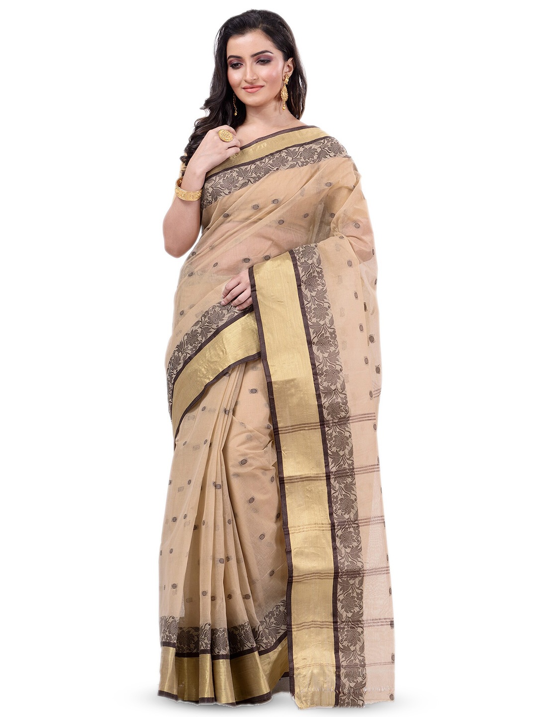 

Ruuprekha Woven Design Zari Pure Cotton Taant Saree, Grey