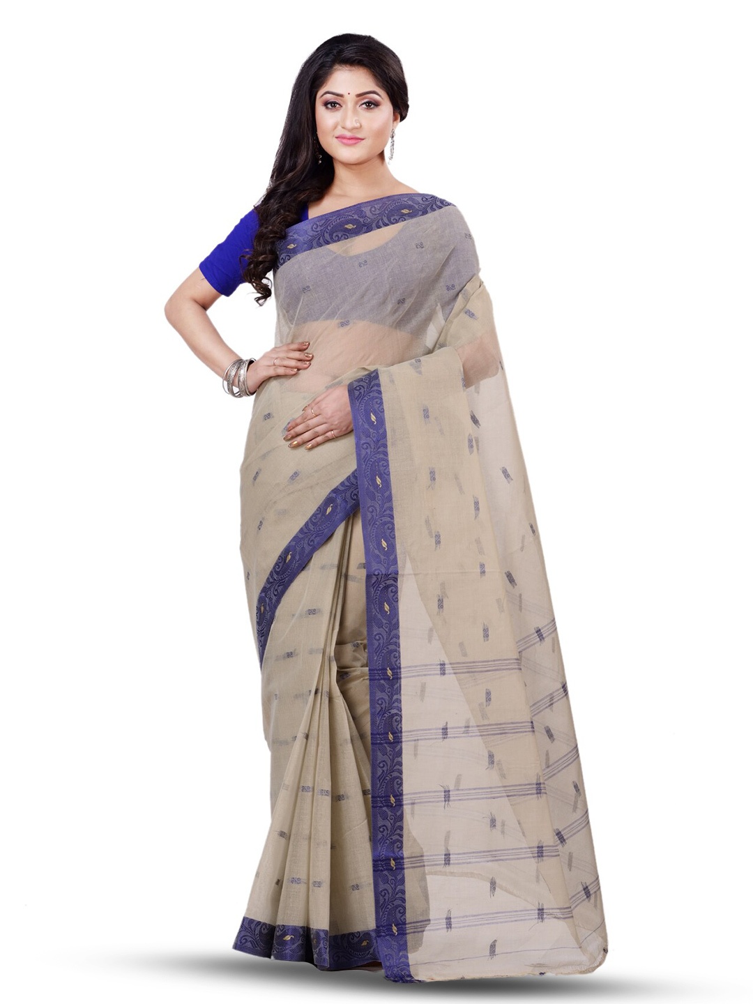 

Ruuprekha Woven Design Zari Pure Cotton Taant Saree, Grey