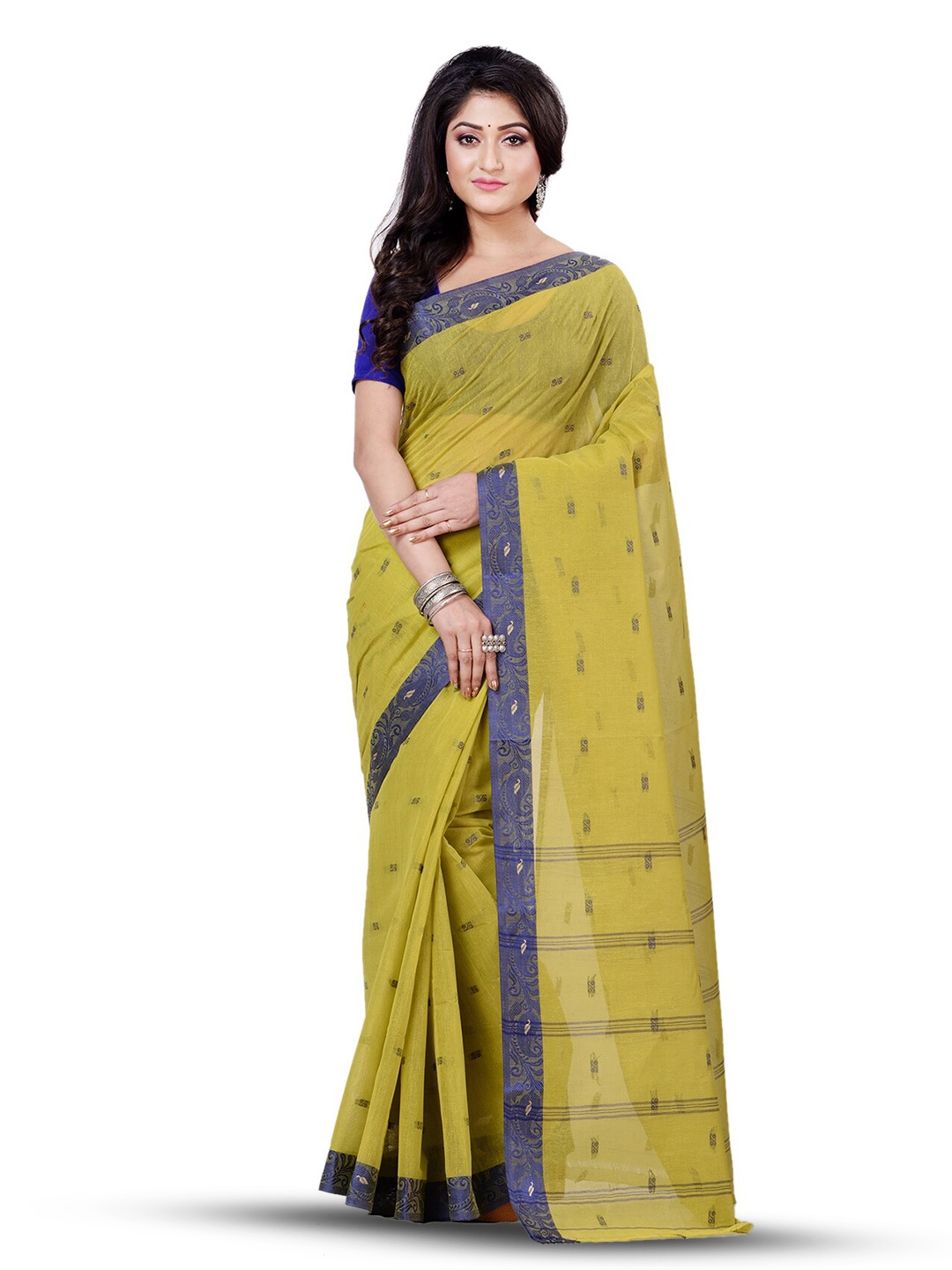 

Ruuprekha Woven Design Pure Cotton Taant Saree, Olive