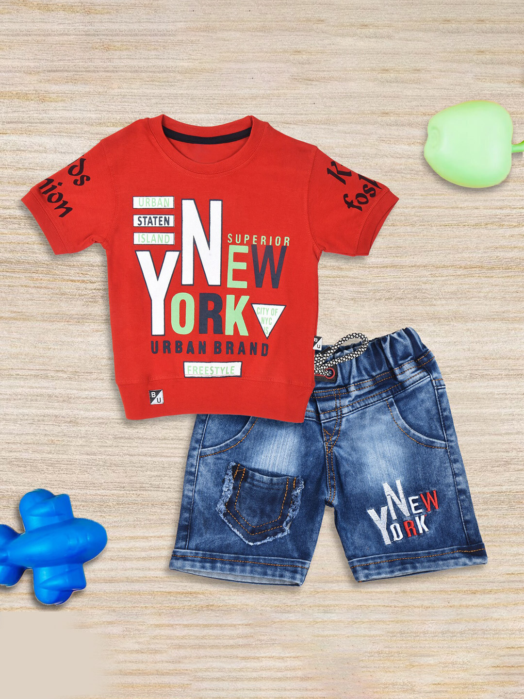 

BAESD Boys Typography Printed T-shirt With Denim Shorts, Red