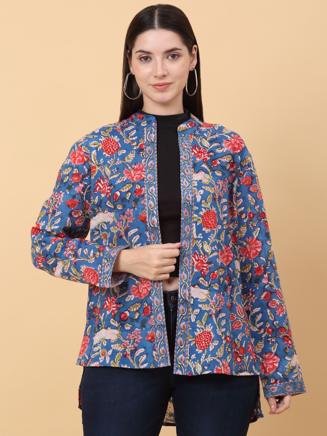 

SiaVira Floral Printed Mandarin Collar Long Sleeves Cotton Open Front Jacket, Blue