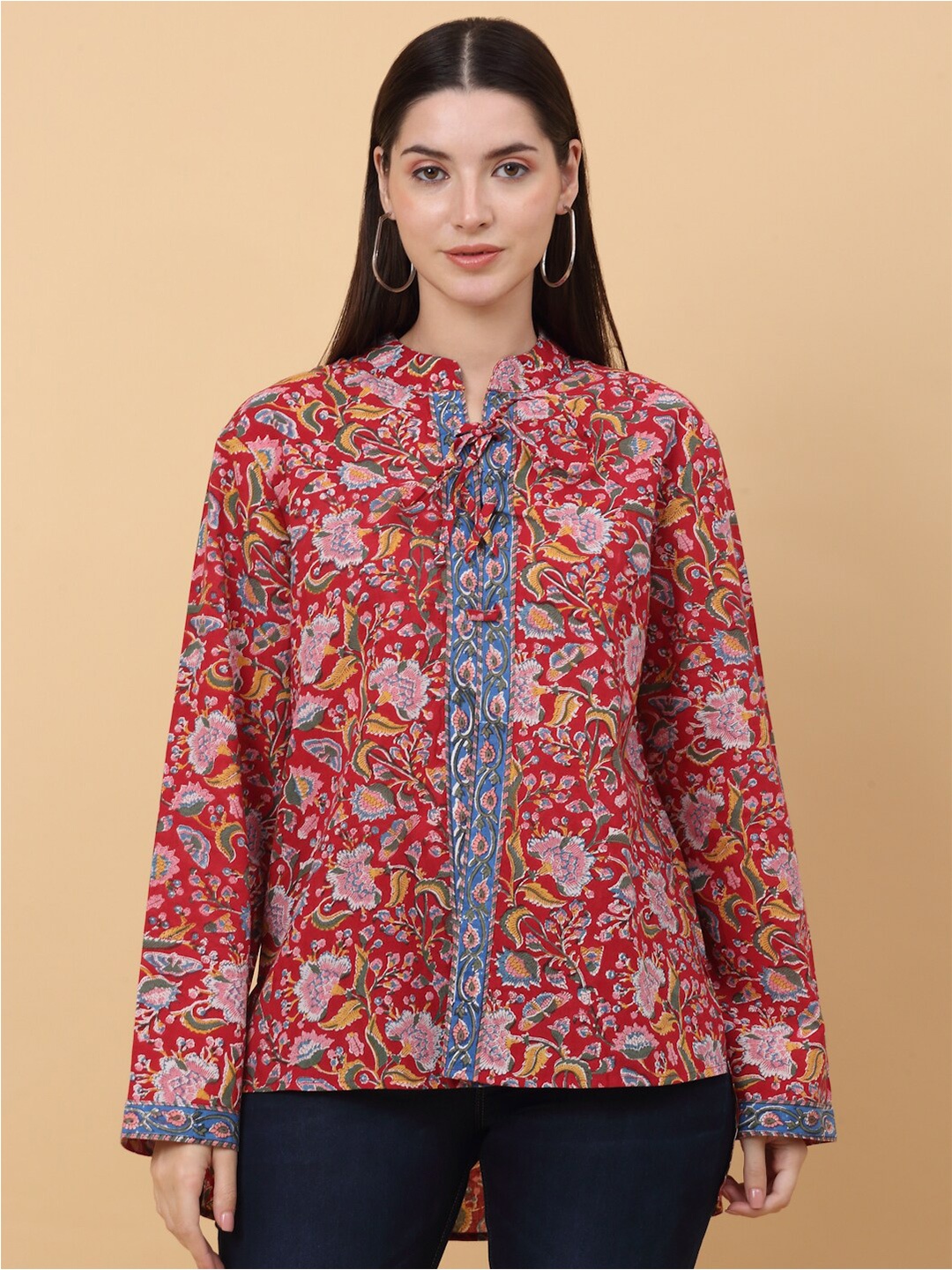 

SiaVira Floral Printed Mandarin Collar Long Sleeves Cotton Tailored Jacket, Red