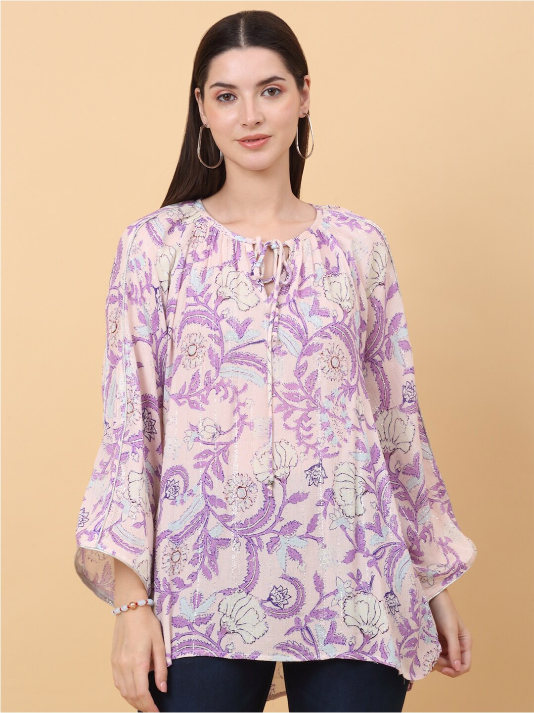 

SiaVira Floral Printed Tie-Up Neck Bell Sleeves Casual Regular Opaque Top, Purple