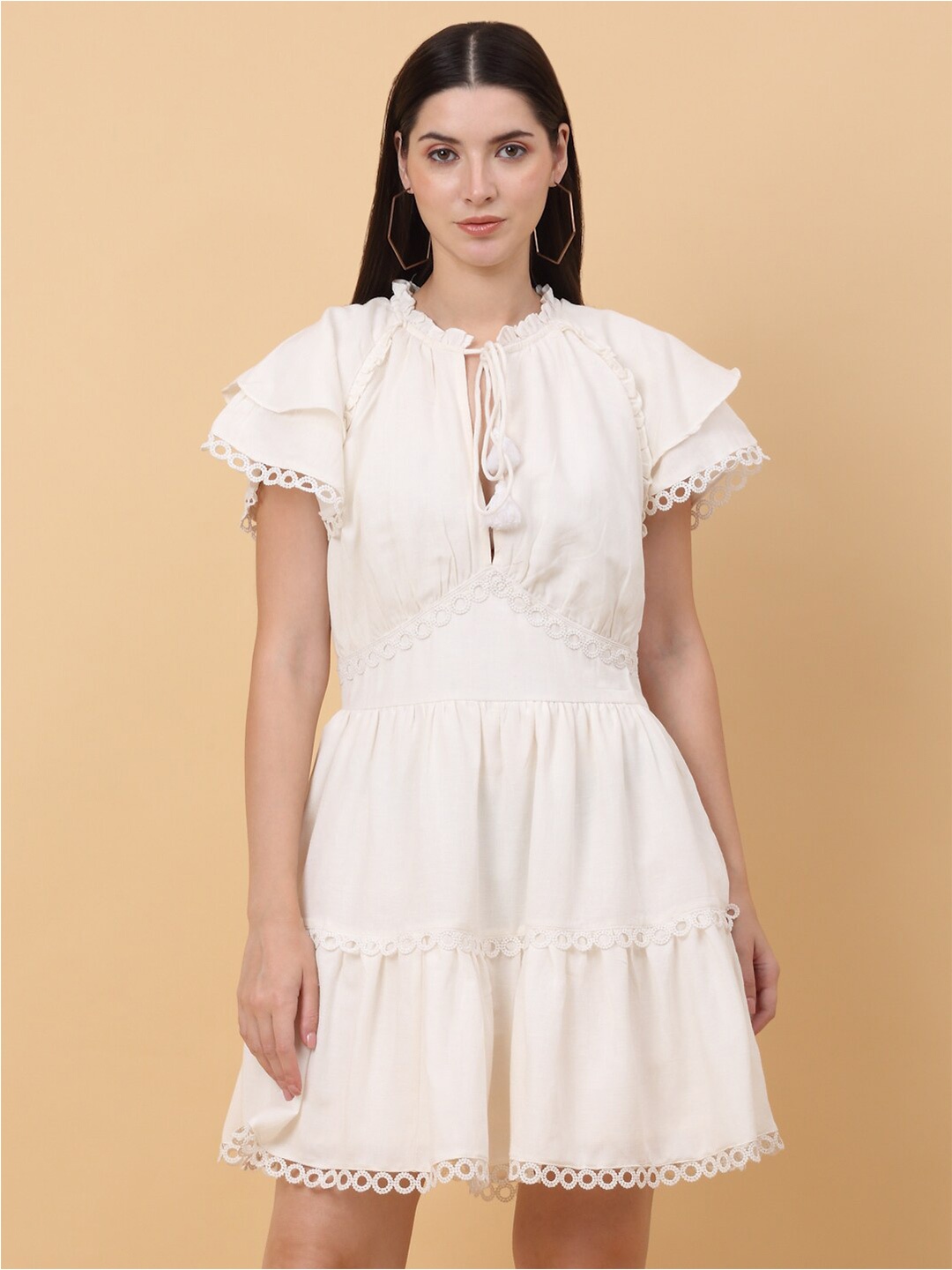 

SiaVira Tie-Up Neck Flutter Sleeve Cotton Fit & Flare Dress, Off white