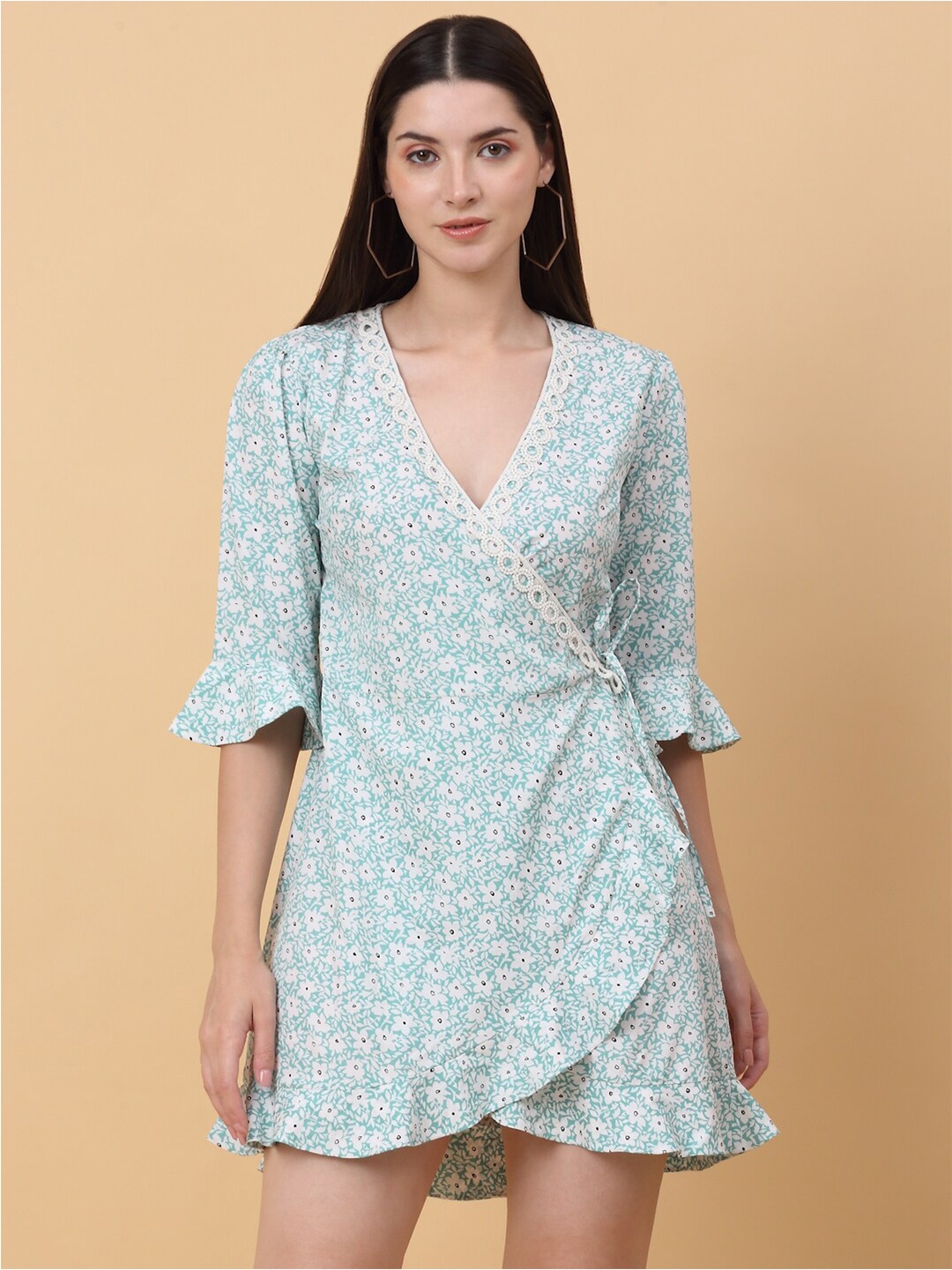 

SiaVira Floral Printed Bell Sleeve Mini Wrap Dress, Green