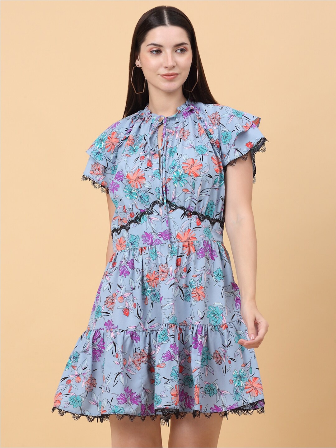 

SiaVira Floral Print Flutter Sleeve Fit & Flare Dress, Blue