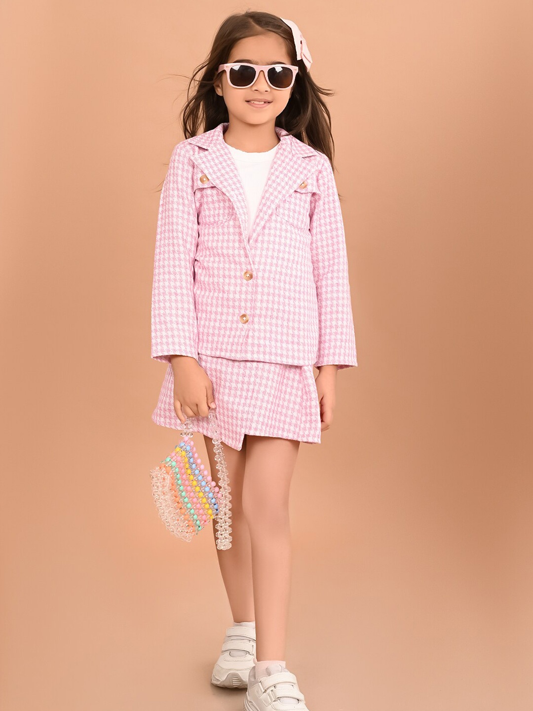 

LilPicks Girls Checked Organic Cotton Coat with Skirt, Pink