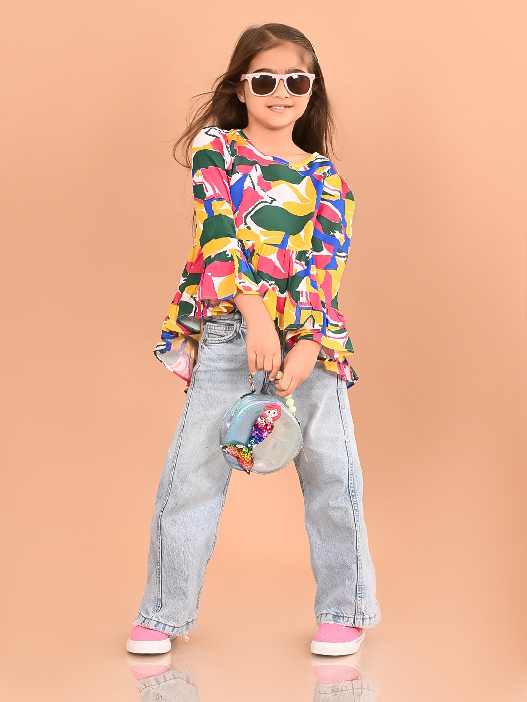 

LilPicks Floral Printed Cotton Round Neck Peplum Top, Multi