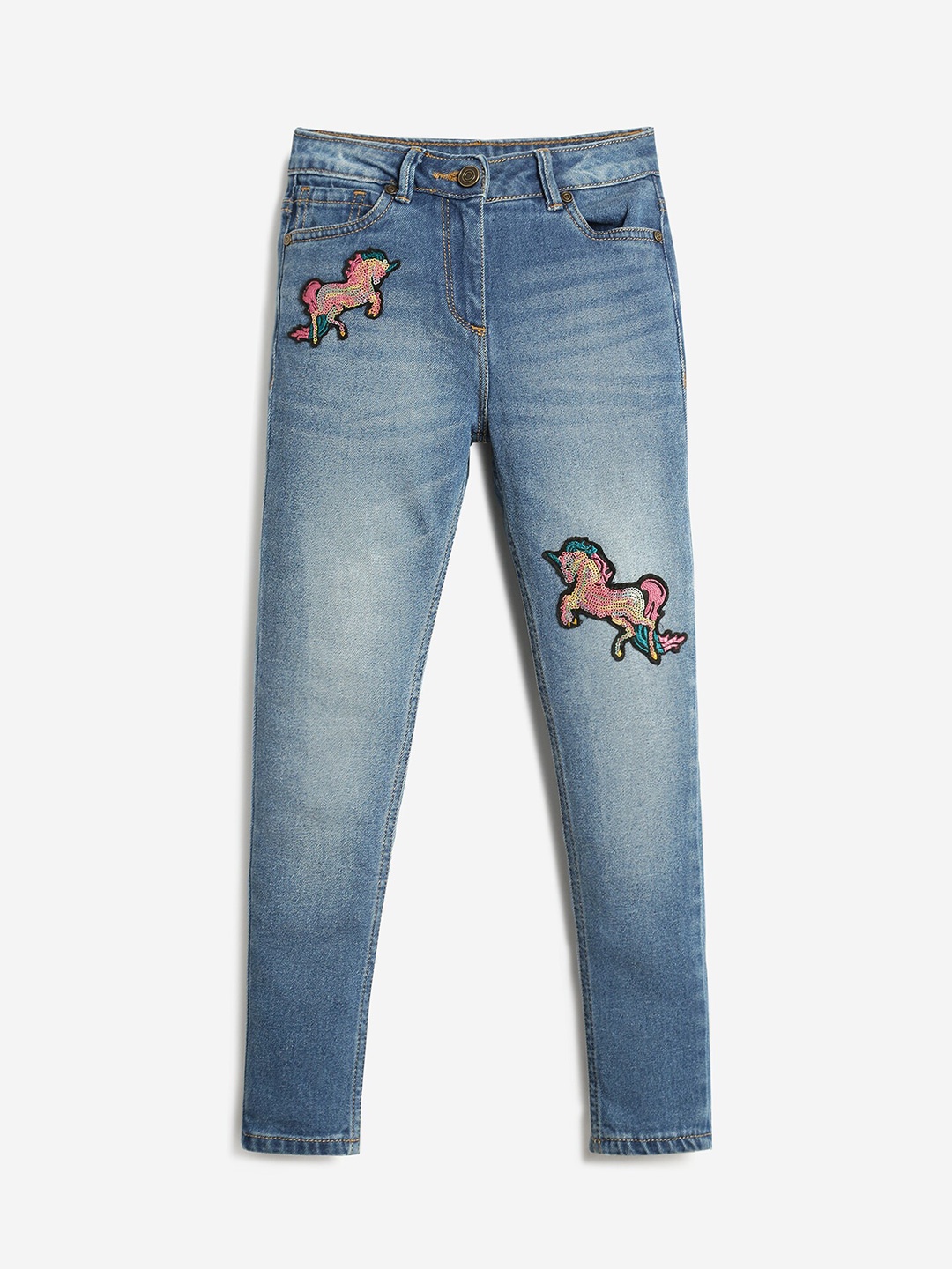 

LilPicks Girls Embroidered Jean Clean Look Light Fade Cotton Jeans, Blue