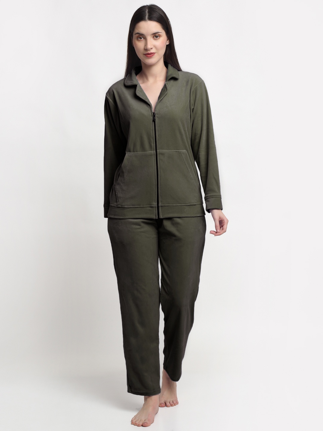 

FABINALIV Solid Velvet Zip Closure Winter Night Suit, Green