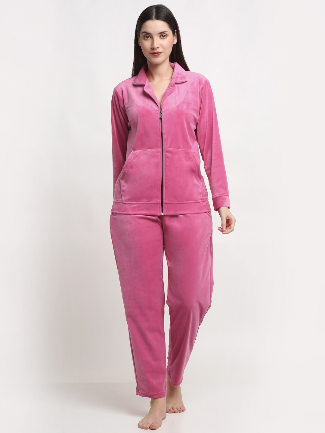 

FABINALIV Solid Velvet Zip Closure Winter Night Suit, Pink