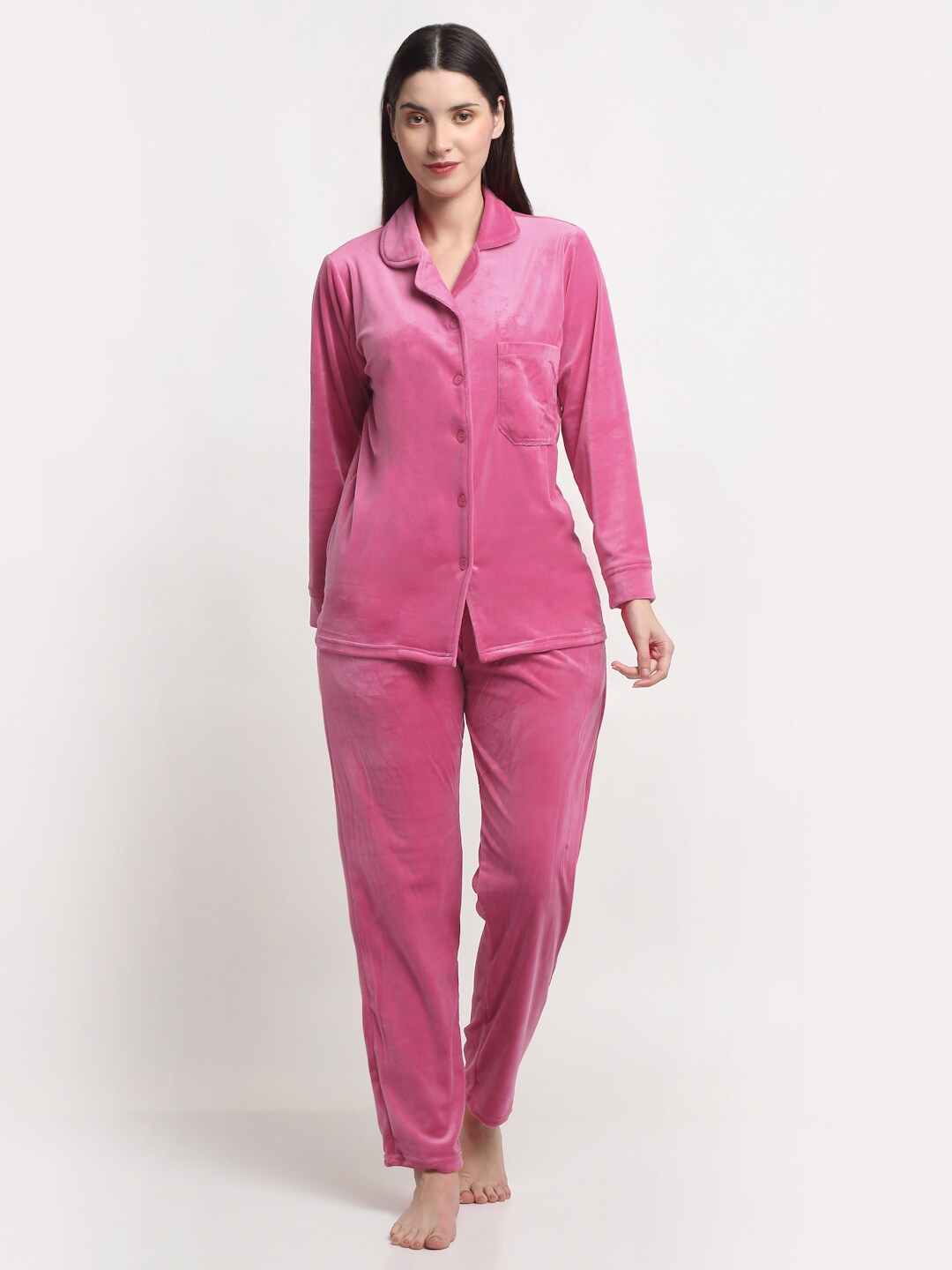 

FABINALIV Solid Velvet Button Closure Winter Night Suit, Pink