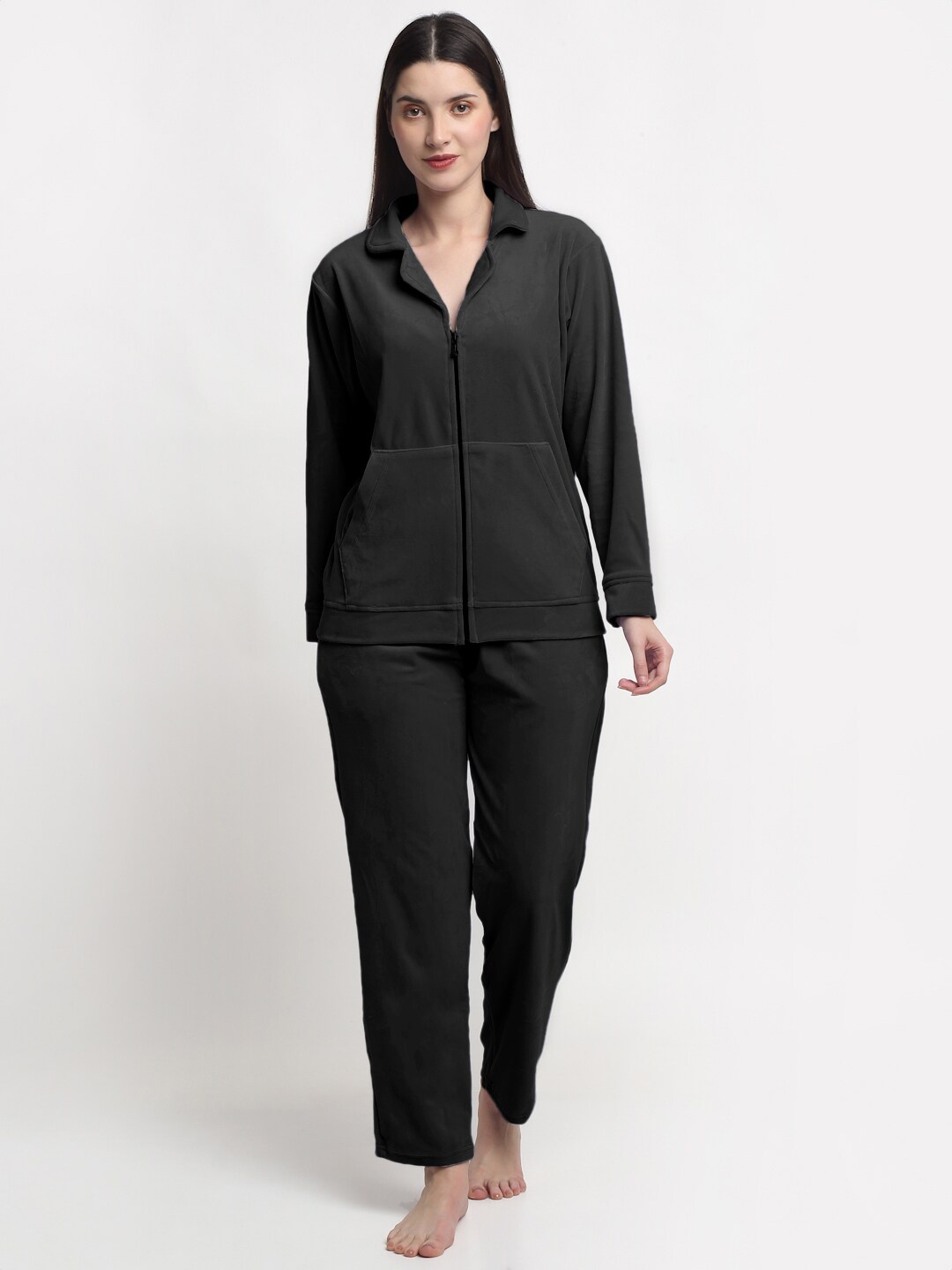 

FABINALIV Solid Velvet Zip Closure Winter Night Suit, Black
