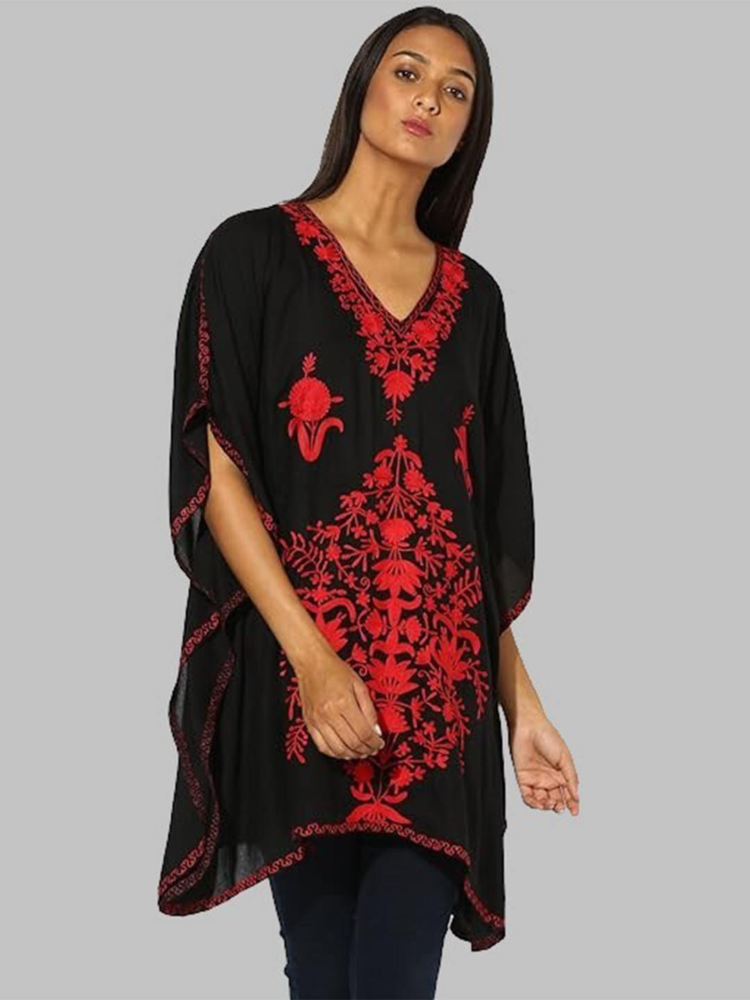 

CRAFTBAZAR Ethnic Motifs Embroidered Thread Work Detailed Flared Sleeves Kaftan Kurta, Black