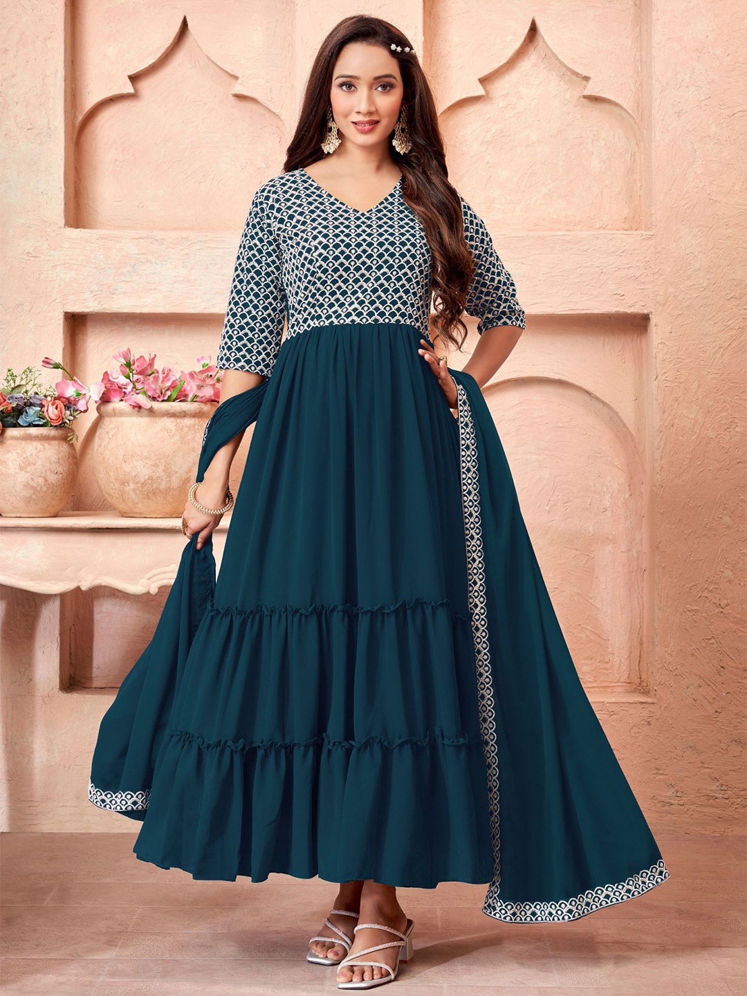 

KALINI Ethnic Motifs Embroidered Fit And Flare Ethnic Dresses With Dupatta, Navy blue