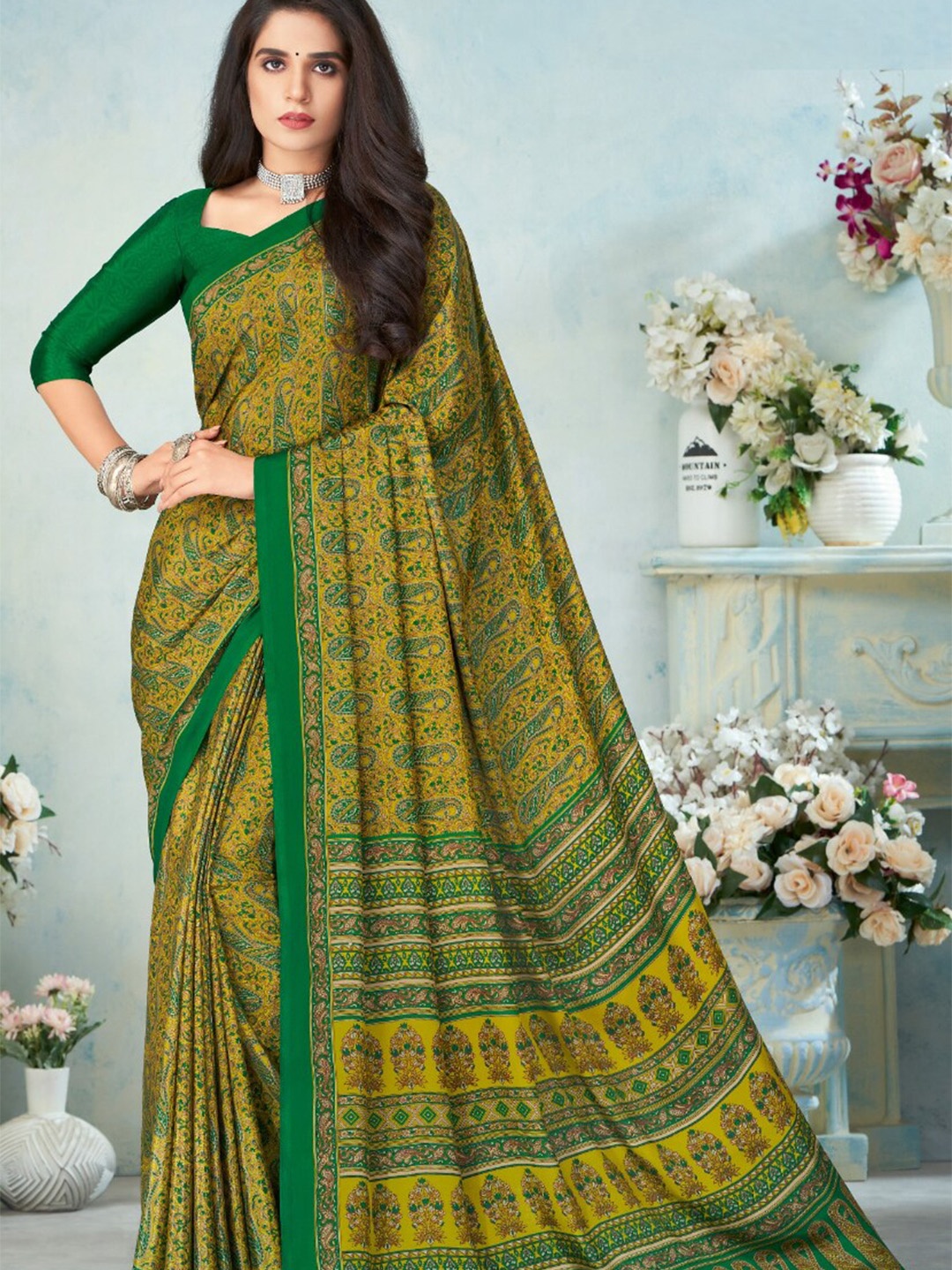 

Reboot Fashions Printed Embellished Khadi Saree, Green