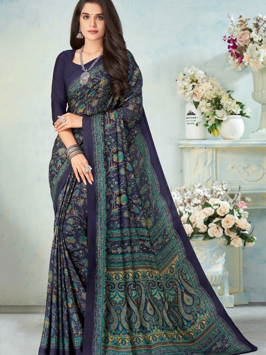 

Reboot Fashions Ethnic Motifs Printed Crepe Silk Saree, Navy blue