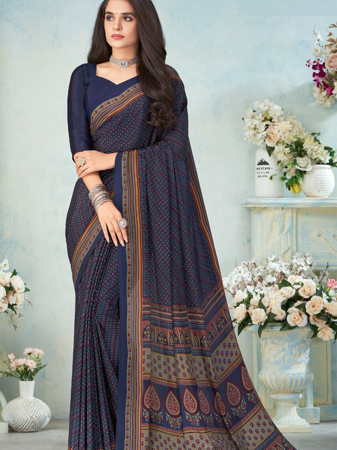 

Reboot Fashions Embellished Floral Printed Saree, Navy blue