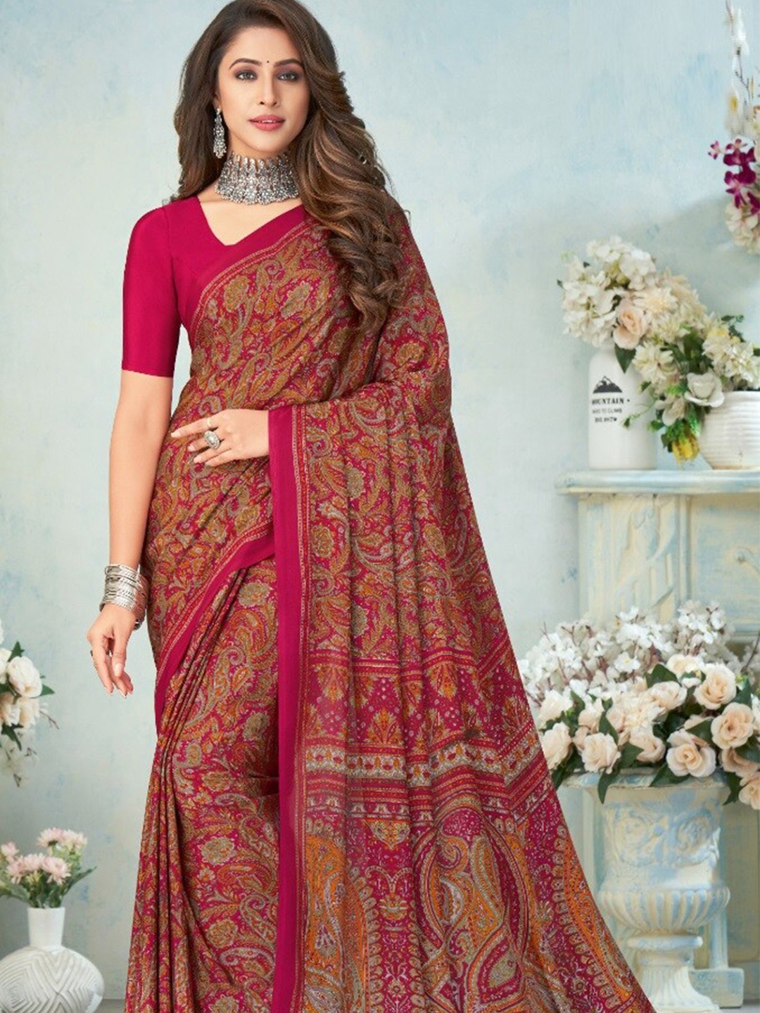 

Reboot Fashions Ethnic Motifs Printed Crepe Silk Saree, Pink