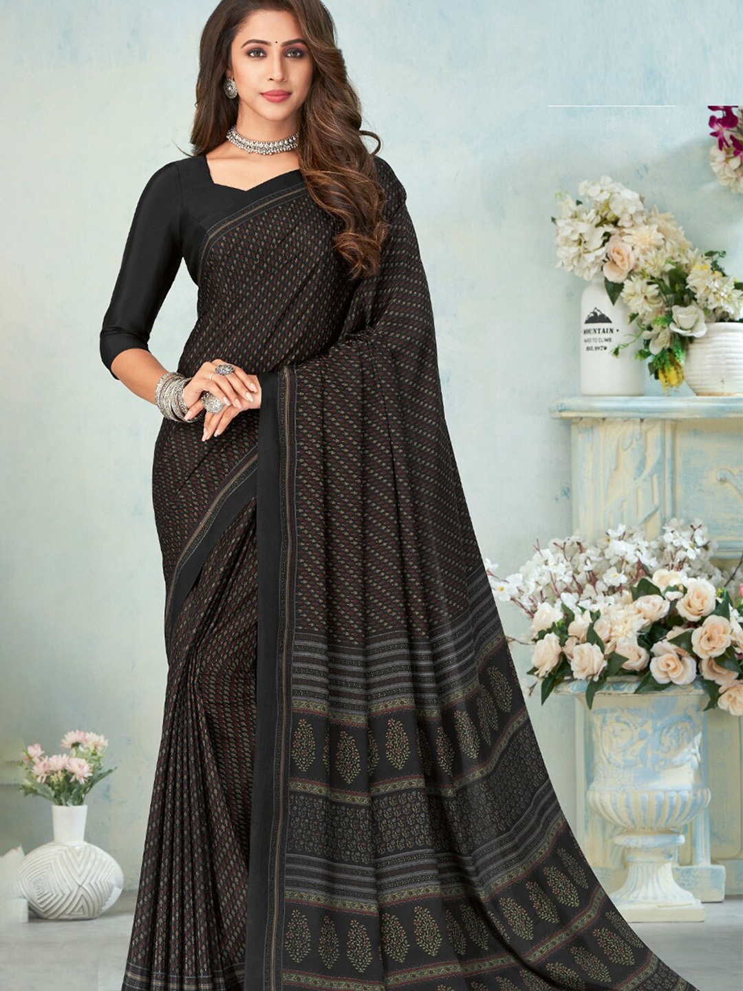 

Reboot Fashions Ethnic Motifs Printed Crepe Silk Saree, Black