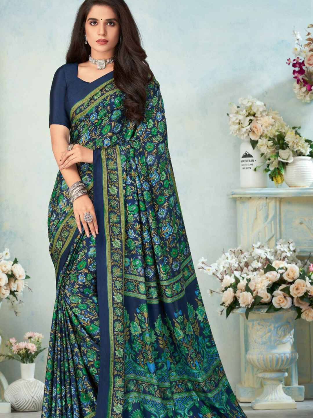 

Reboot Fashions Printed Floral Silk Blend Khadi Saree, Green