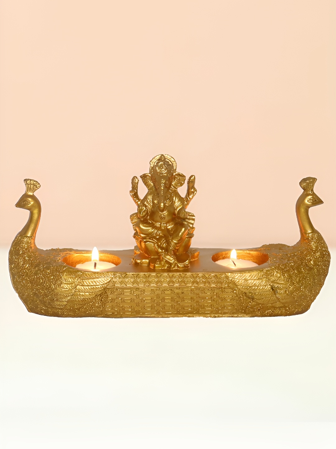 

HOME AUZAR Gold Toned Ganesh Idol on Swan Boat Tea Light Religious Idol Showpiece