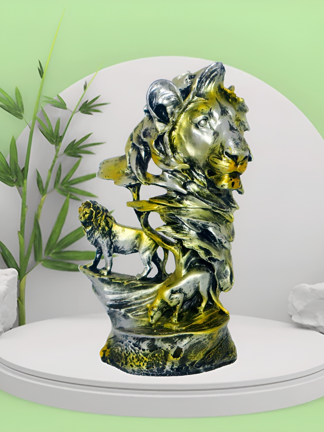 

HOME AUZAR Copper Toned & Green Lion Family Showpiece.