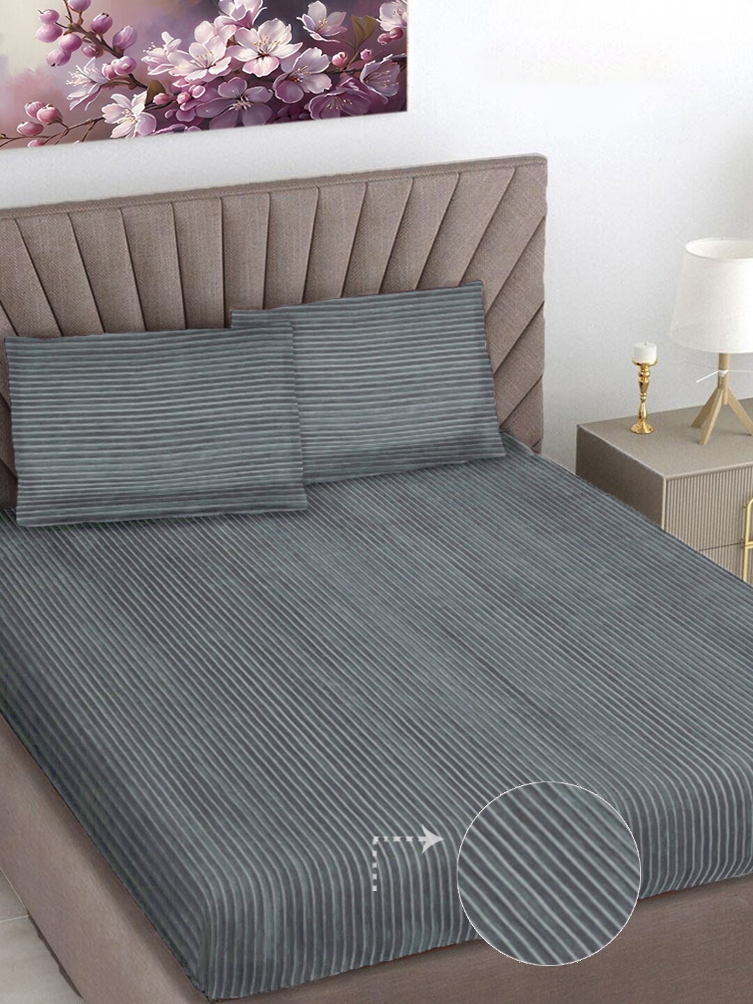 

FABINALIV Grey Striped 300 TC Woollen King Size Bedsheet with 2 Pillow Covers