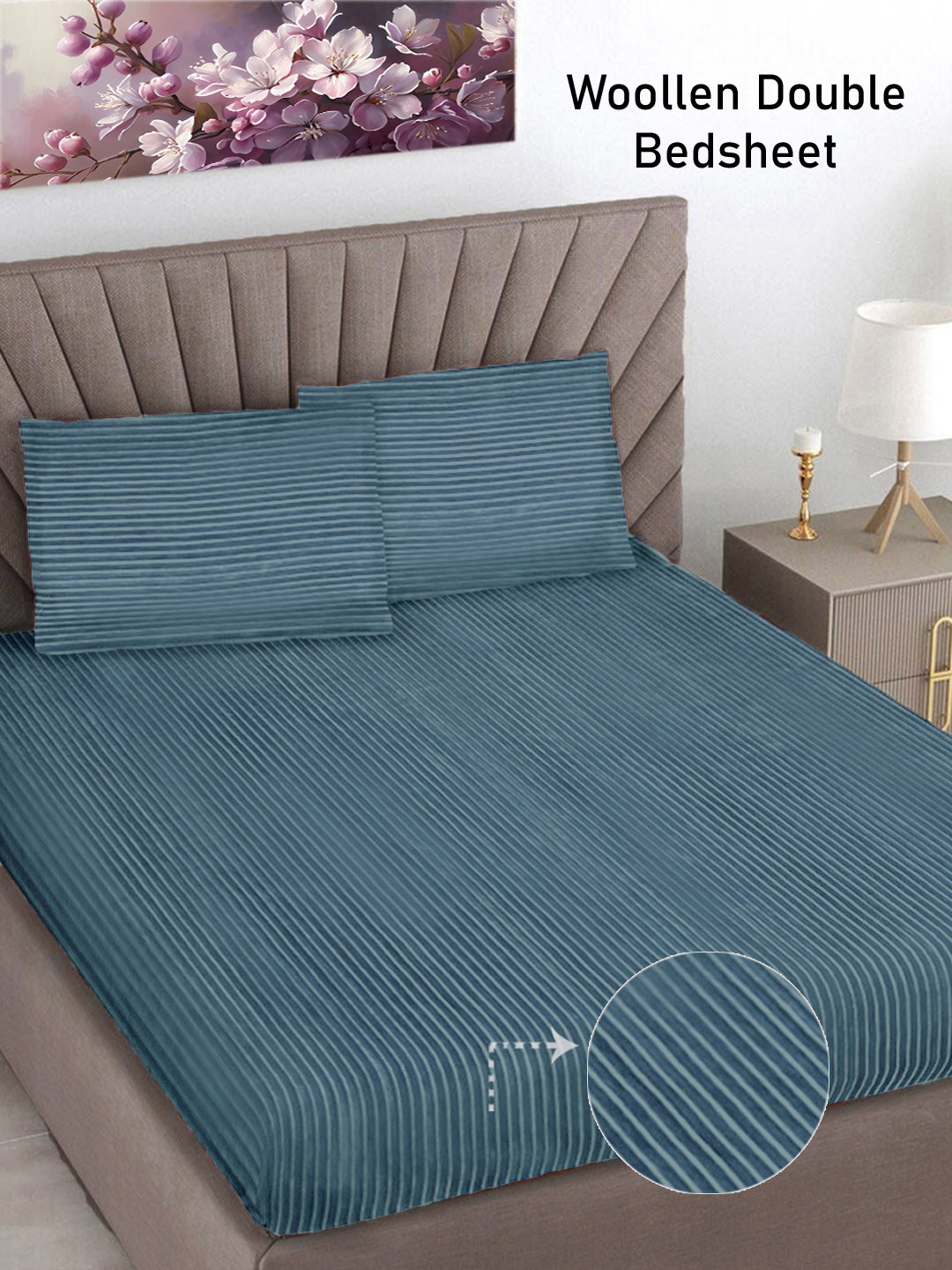 

FABINALIV Blue Striped 300 TC Woollen King Size Bedsheet with 2 Pillow Covers