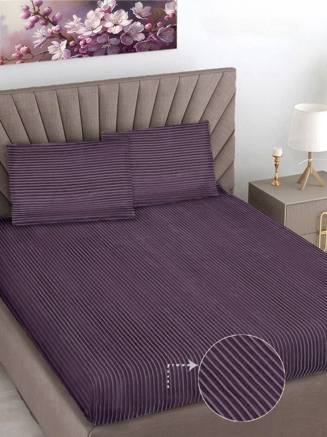 

FABINALIV Purple Striped 300 TC Woollen King Size Bedsheet with 2 Pillow Covers