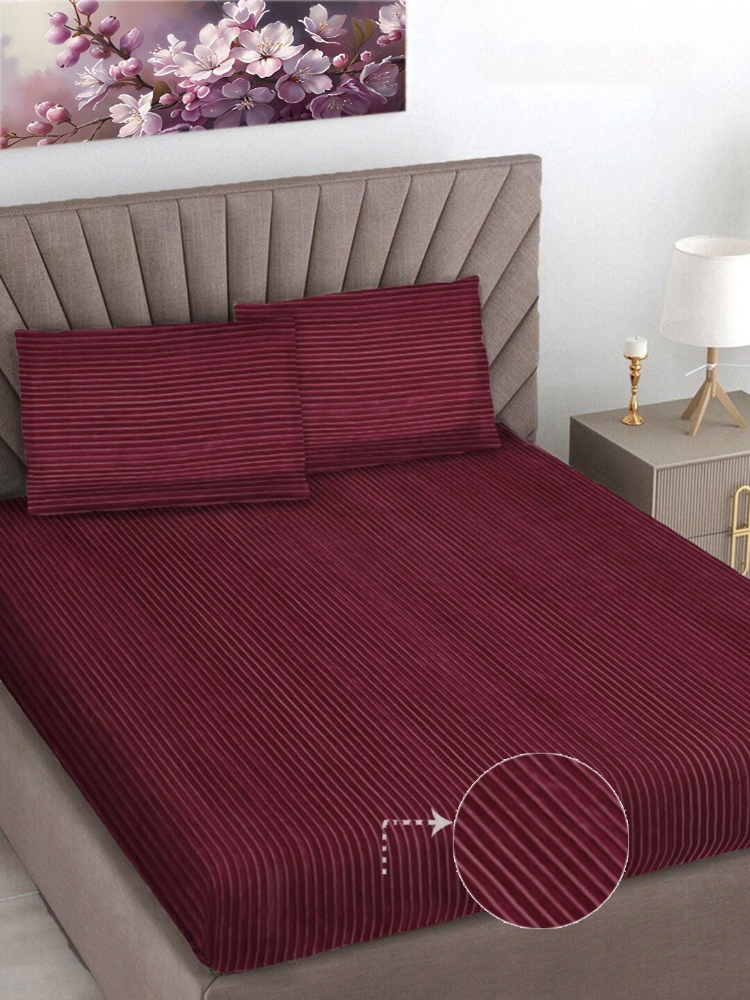 

FABINALIV Maroon Striped 300 TC Woollen King Size Bedsheet with 2 Pillow Covers