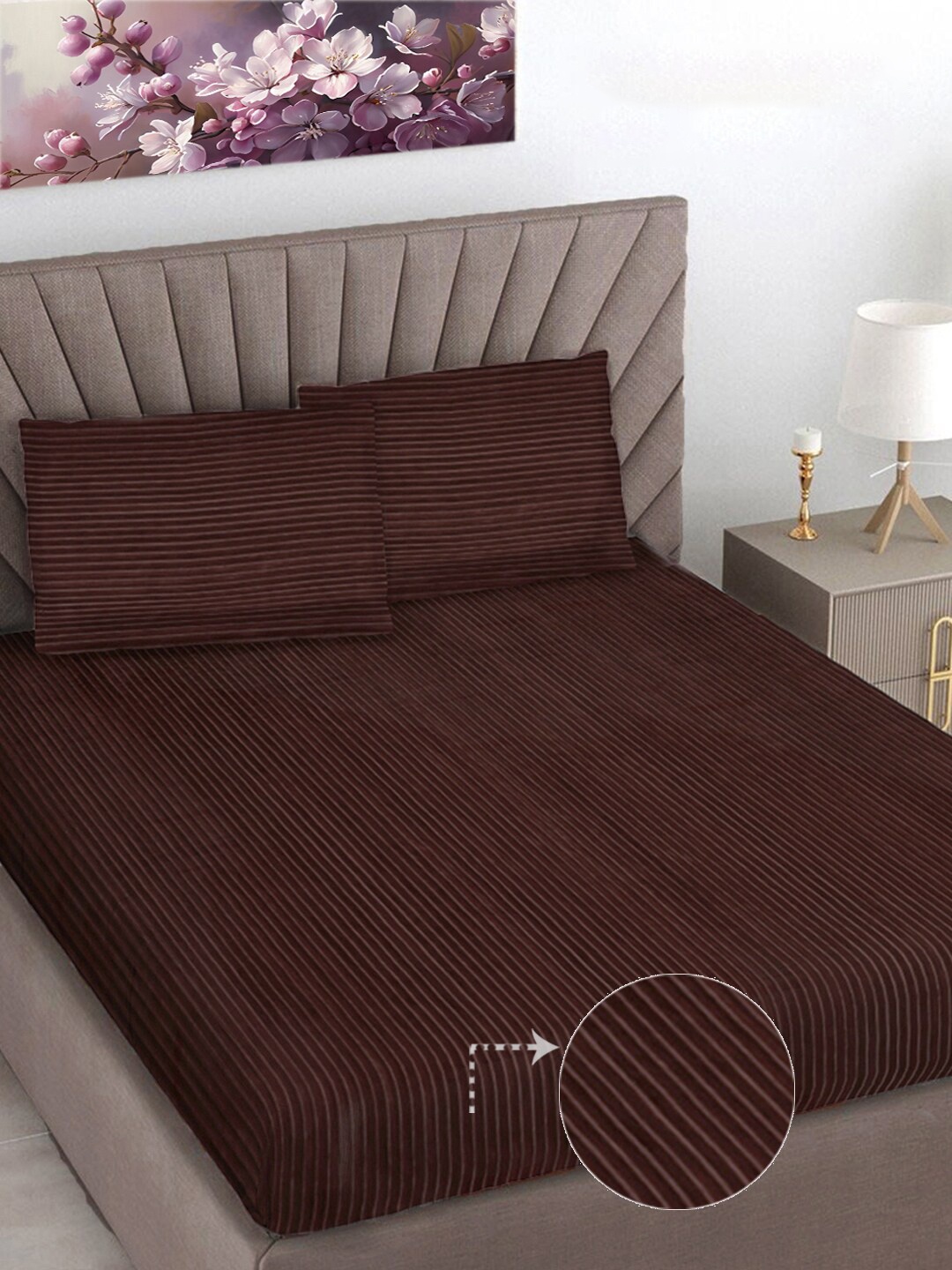 

FABINALIV Brown Striped 300 TC Woollen King Size Bedsheet with 2 Pillow Covers, Coffee brown