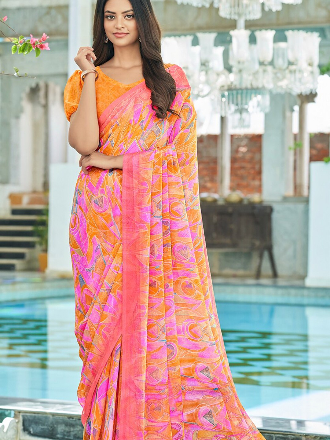 

Reboot Fashions Printed Pure Chiffon Maheshwari Saree, Peach