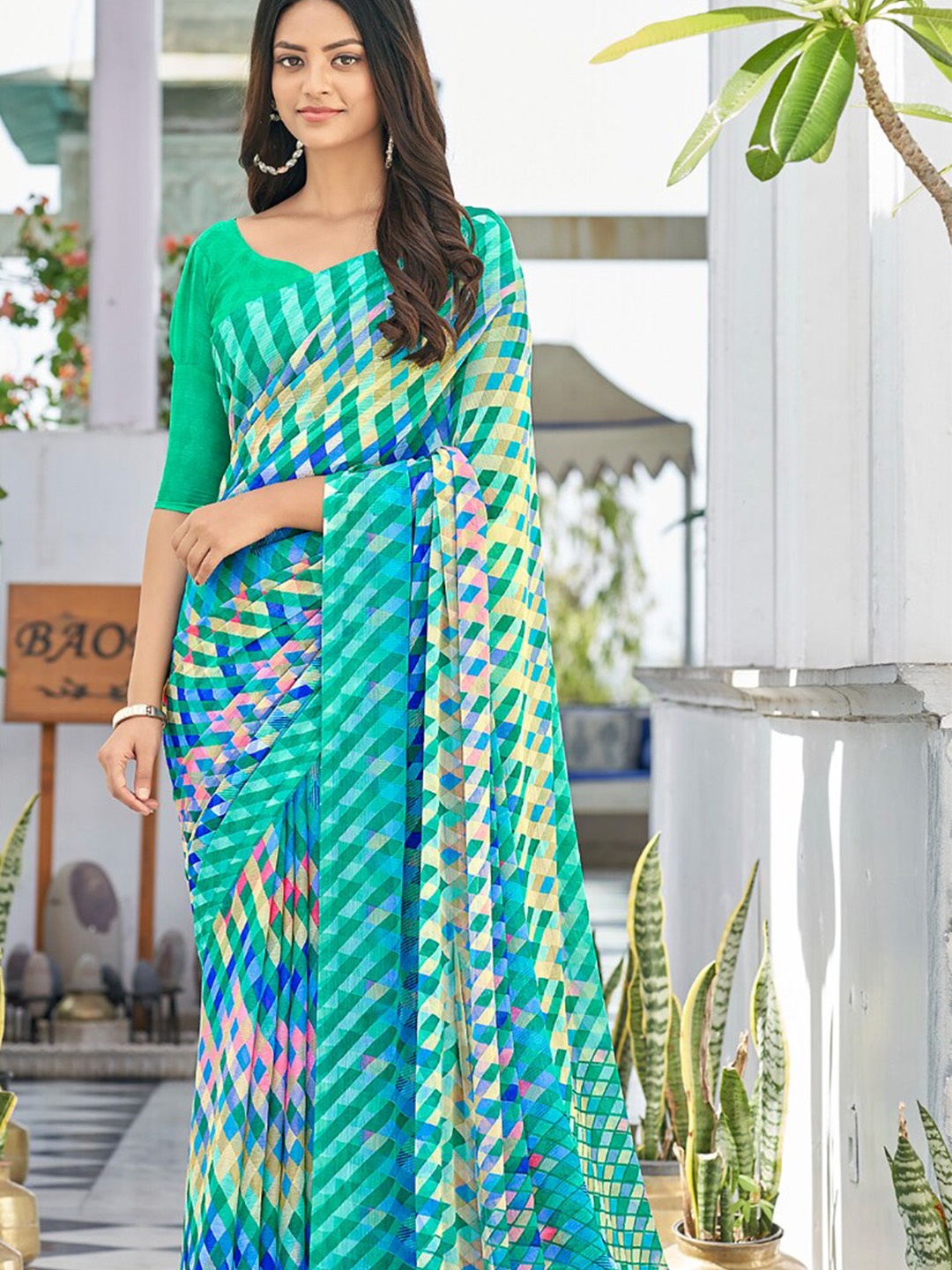 

Reboot Fashions Printed Pure Chiffon Maheshwari Saree, Turquoise blue