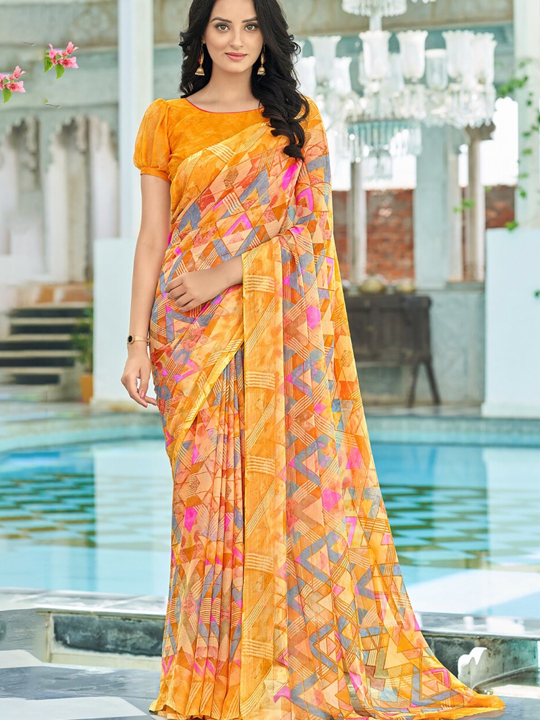 

Reboot Fashions Printed Pure Chiffon Saree, Yellow