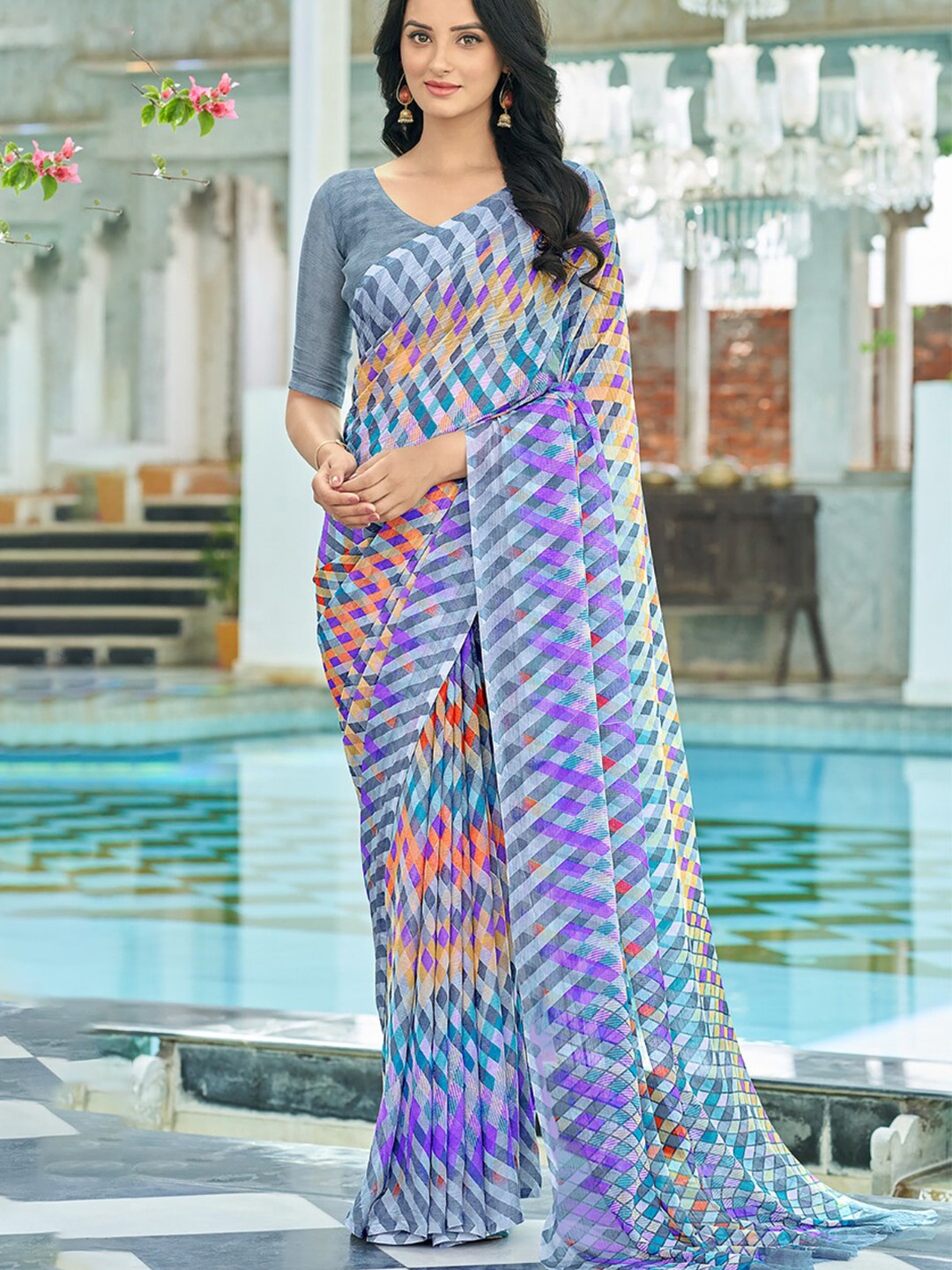 

Reboot Fashions Printed Pure Chiffon Maheshwari Saree, Purple