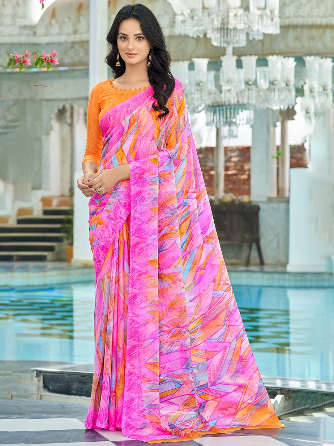 

Reboot Fashions Printed Pure Chiffon Maheshwari Saree, Magenta