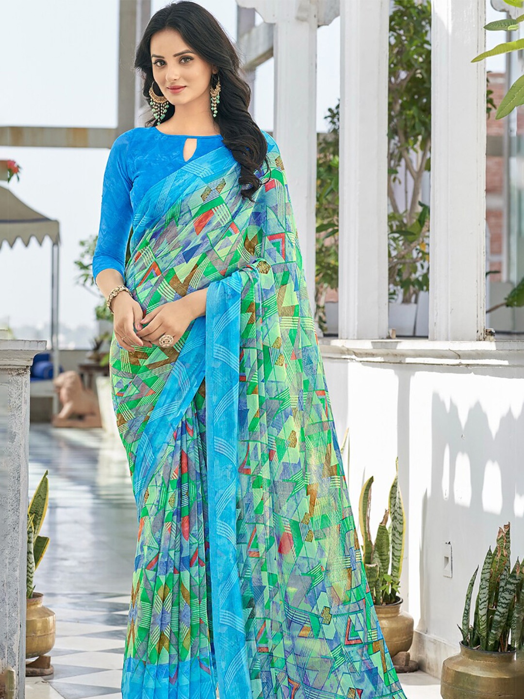 

Reboot Fashions Printed Pure Chiffon Maheshwari Saree, Green